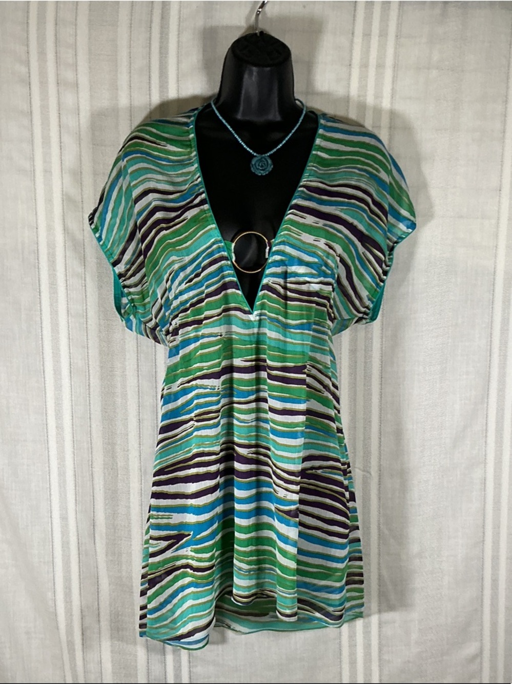 BECCA Striped Swim Cover Up V Neck Beach Pool Dress Green Blue Small